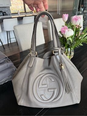 Gucci taupe Leather Tote Bag with Tassel